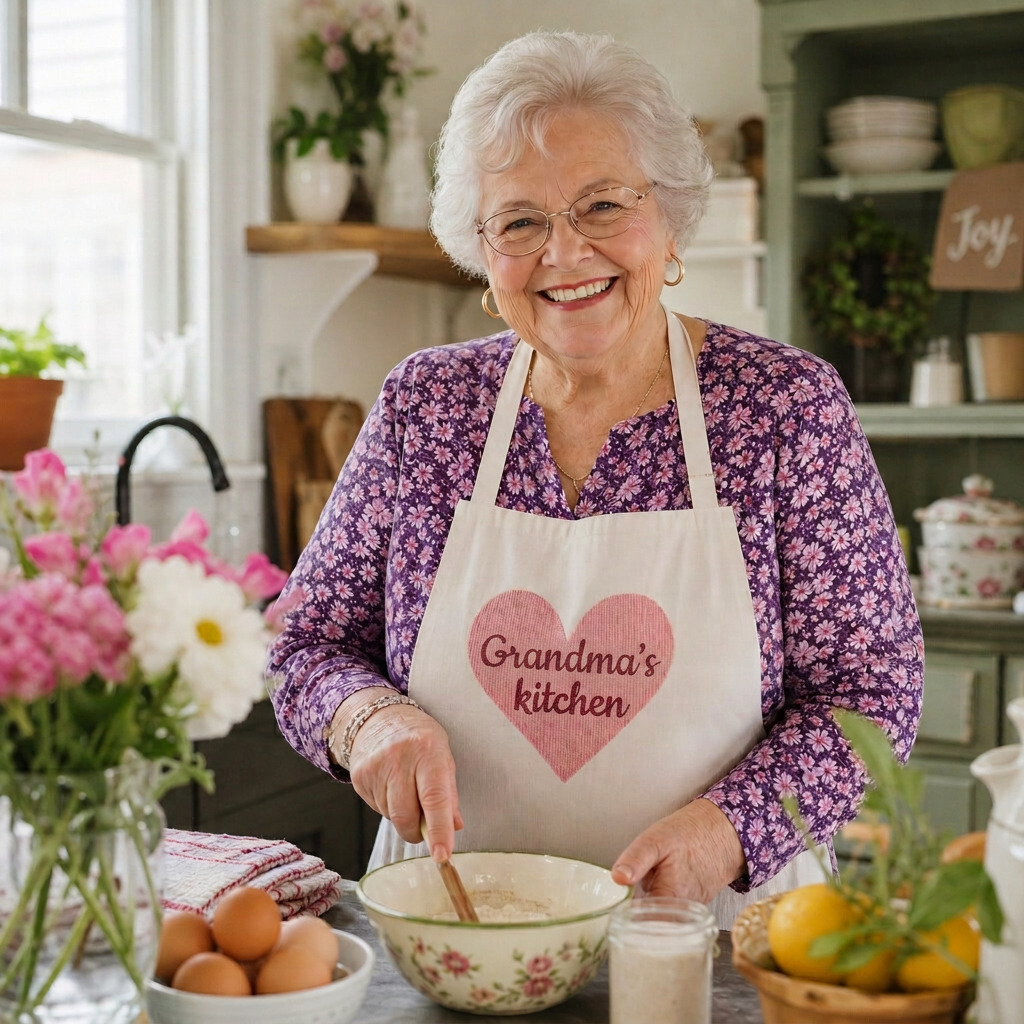 A smiling older woman in a sunny kitchen with fresh flowers on the counter